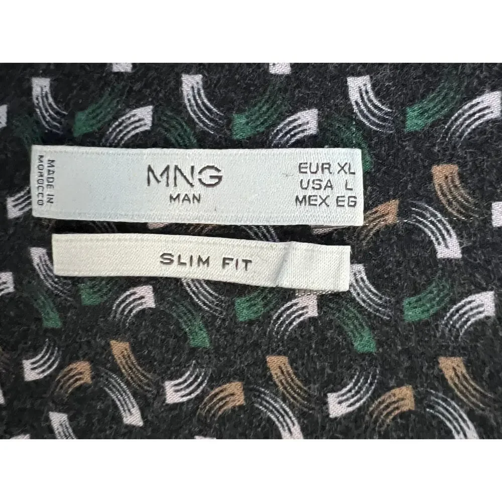 Mango MNG Slim Fit Button Up Shirt Men L Black Geometric Print Short Sleeve